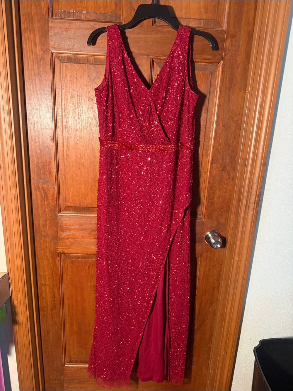 Red Sequin MacDuggal V-Neck Sleeveless Evening Dress